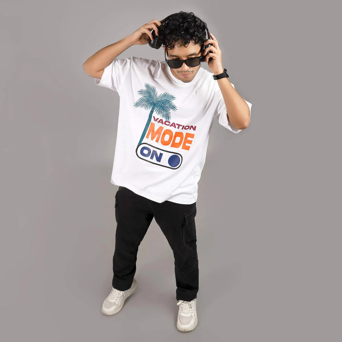 Vacation Mode On : oversize t shirt with White color | Drop Shoulder, Round Collar | 100 % cotton tees 