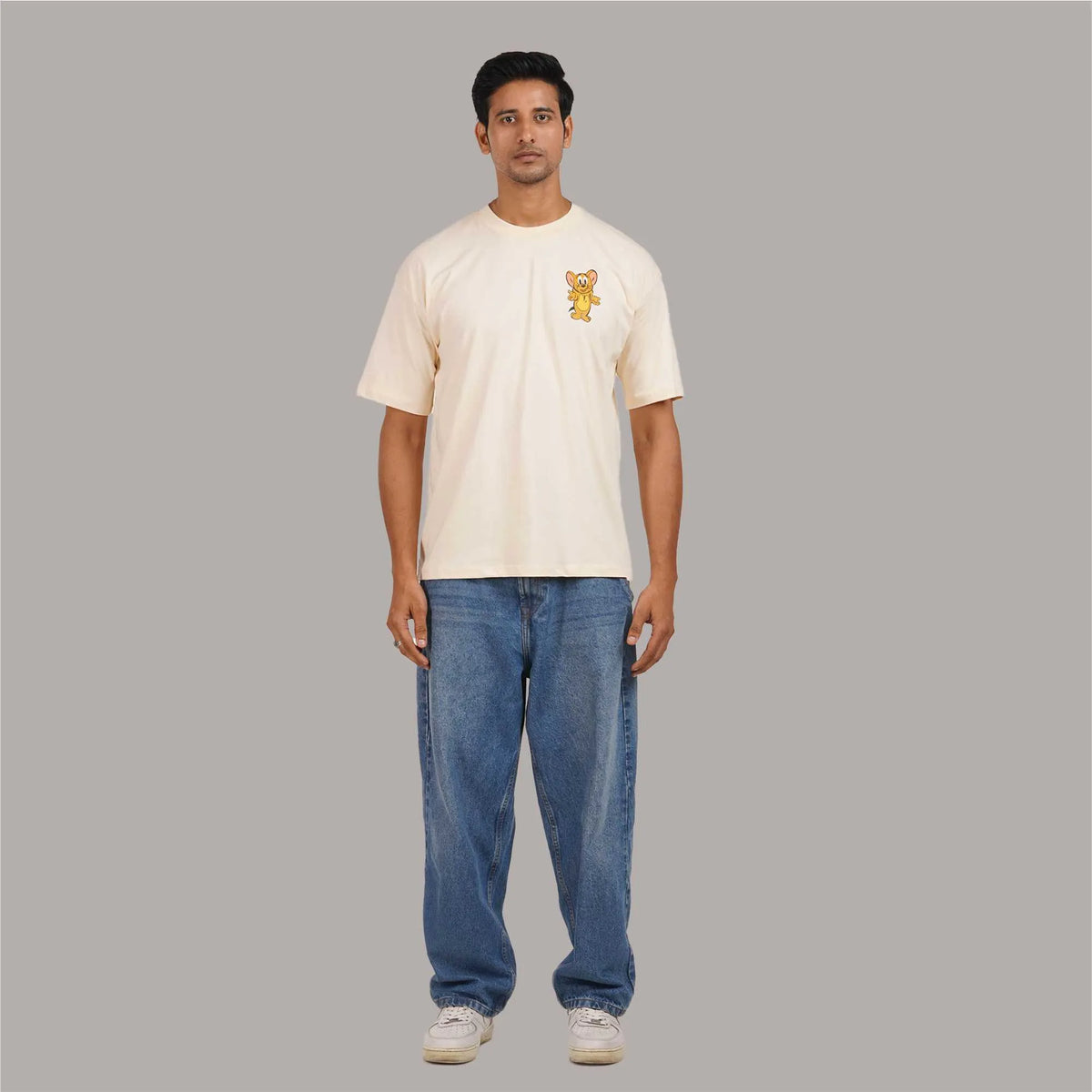 Where Is My Cheese : Beige color oversize t shirt with front and back Graphic Print | Round Collar