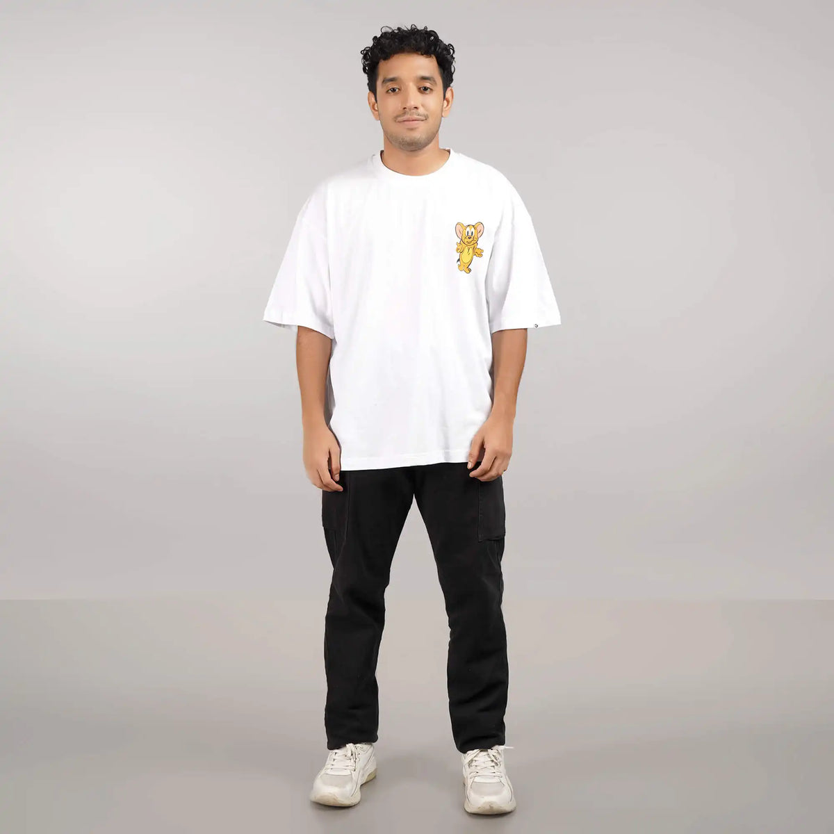 Where Is My Cheese : Cotton oversized T-shirt in white featuring 'Where Is My Cheese' print, drop shoulder style, round collar