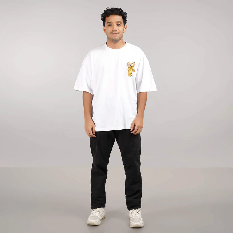 Where Is My Cheese : Cotton oversized T-shirt in white featuring 'Where Is My Cheese' print, drop shoulder style, round collar
