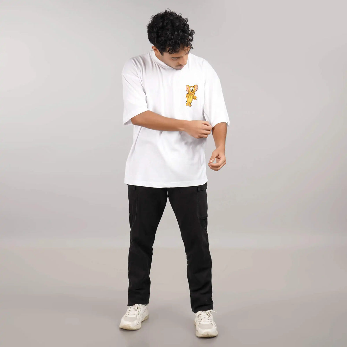 Where Is My Cheese : Oversized white T-shirt with 'Where Is My Cheese' graphic, drop shoulders, round collar, made of cotton.