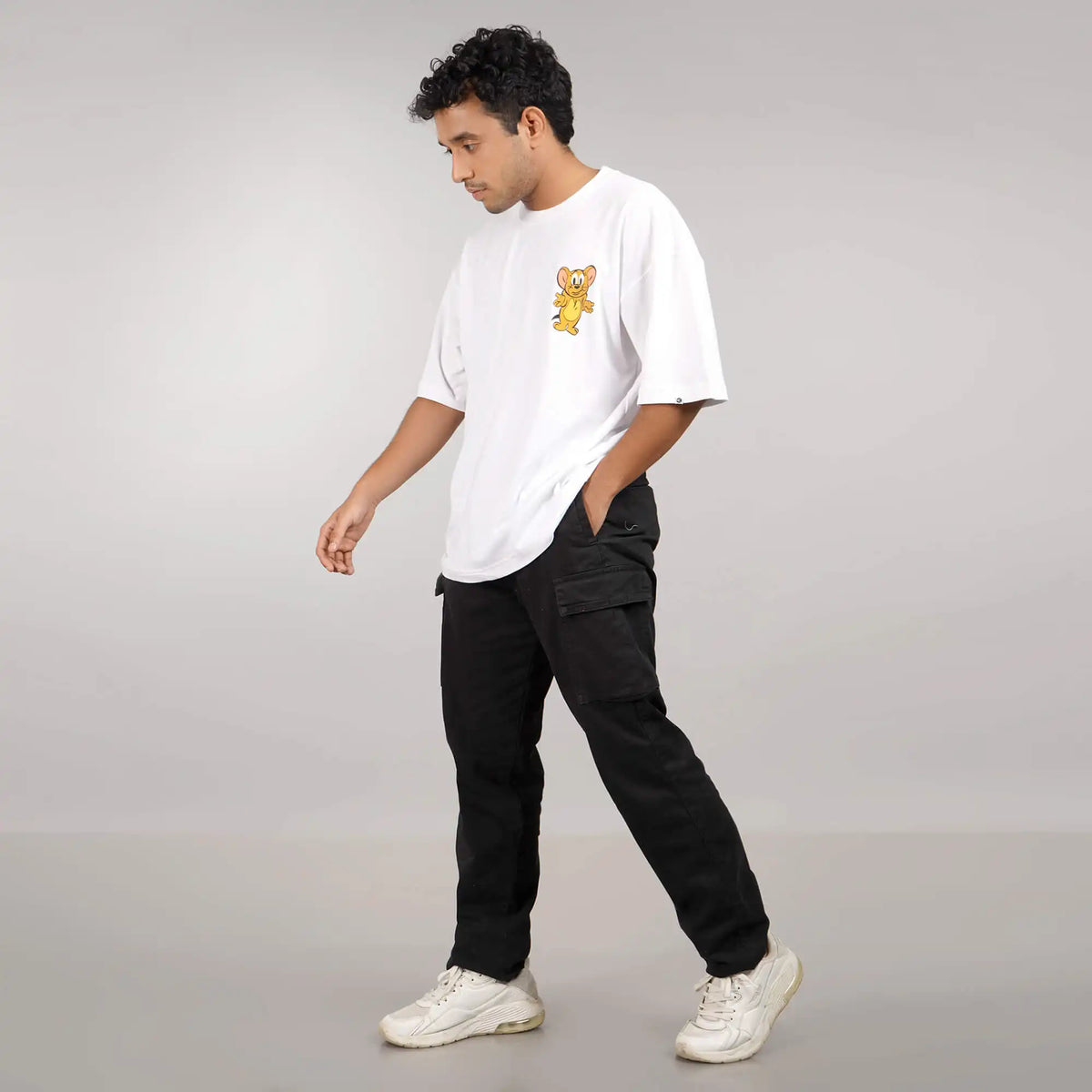 Where Is My Cheese : White cotton oversized T-shirt with 'Where Is My Cheese' print, drop shoulder design, round collar
