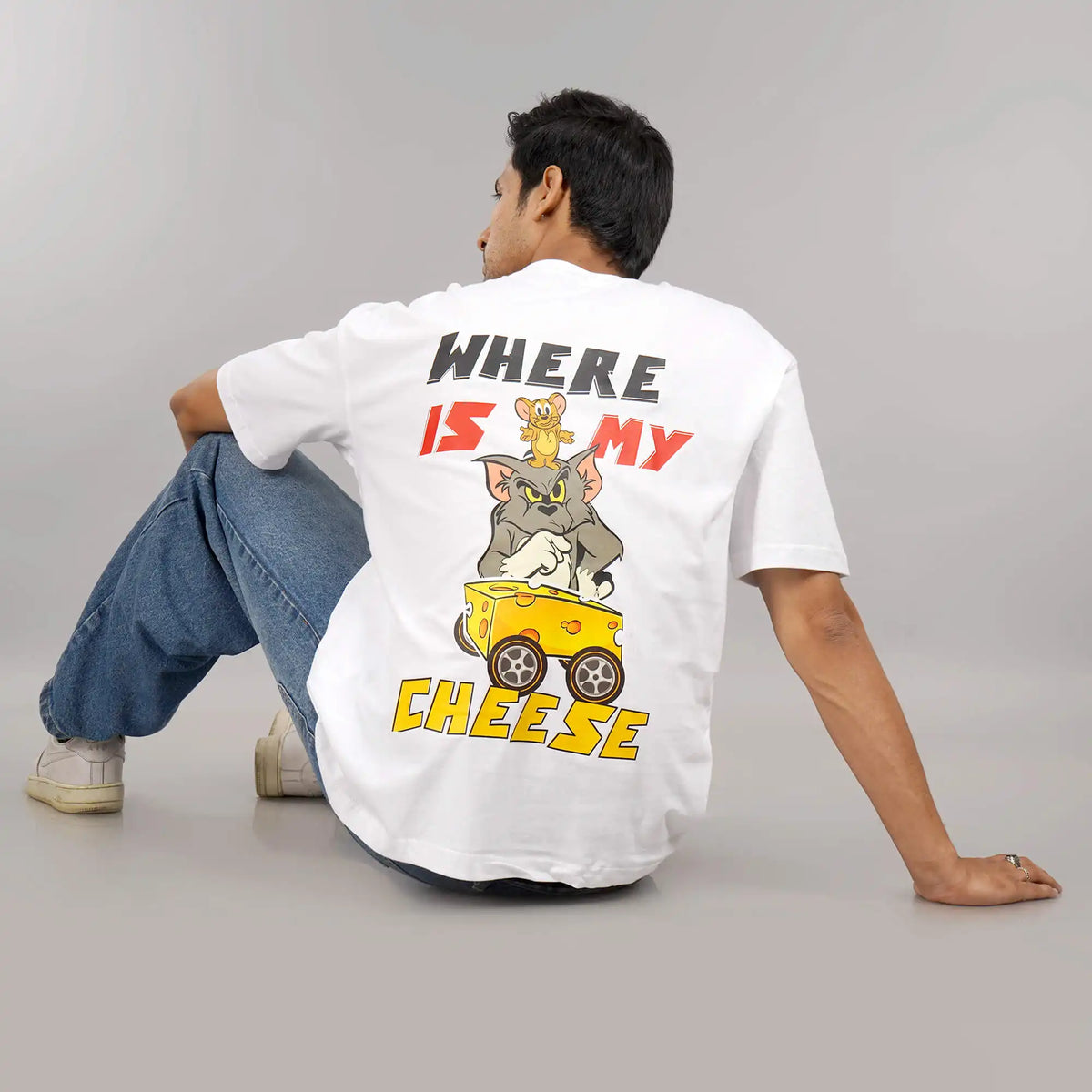 Where Is My Cheese : White oversized T-shirt with 'Where Is My Cheese' graphic print, drop shoulders, round collar, 100% cotton