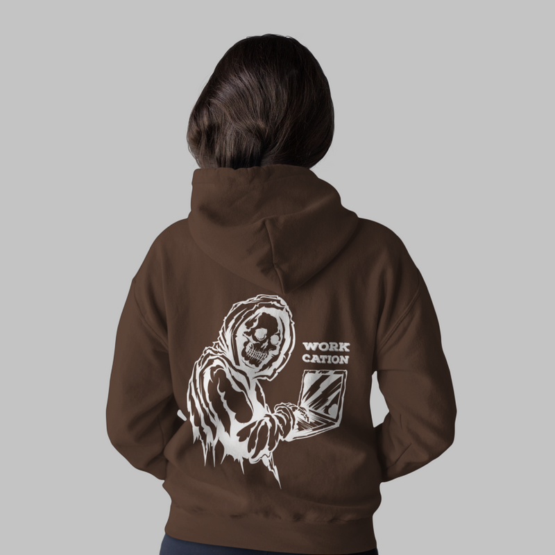 Women's Brown Graphic Hoodie – Workcation Edition – Perfect for casual outings and relaxed days.