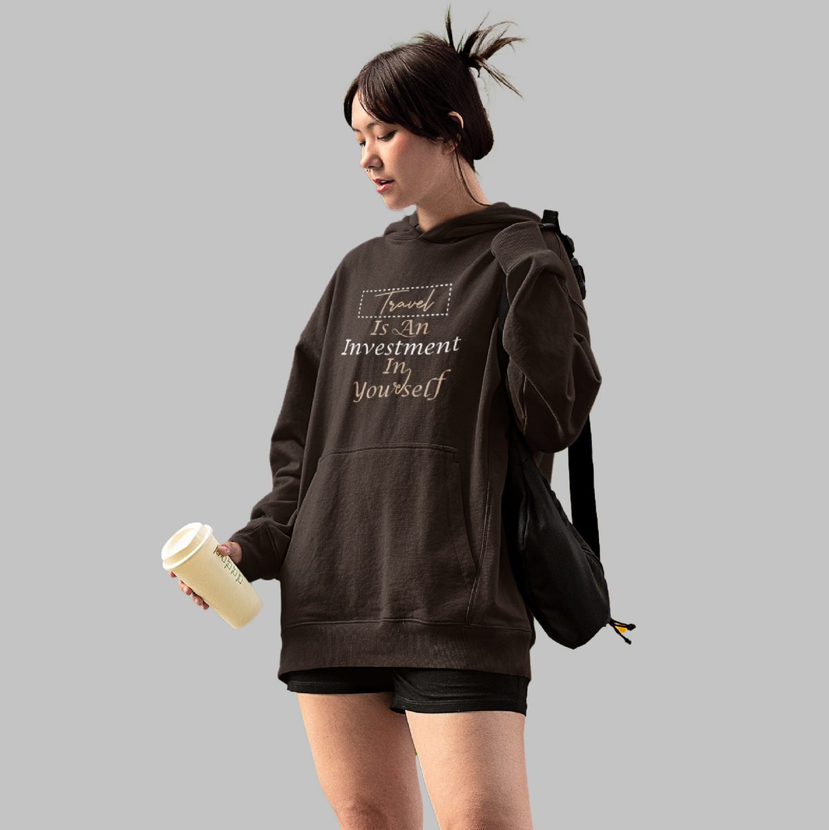Women’s Coffee Brown Oversized Hoodie – Travel Is An Investment Design – Perfect for travel lovers and adventurers.