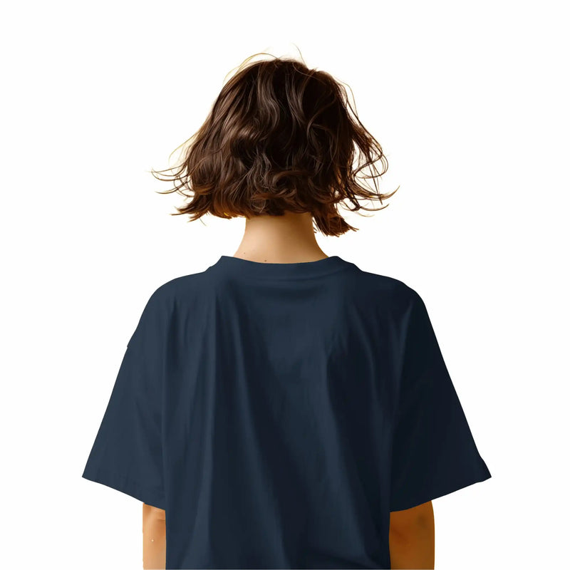Women’s blue oversized T-shirt with 'Stay Sunny' print, round neck, and drop shoulders. Made of soft cotton. Available online