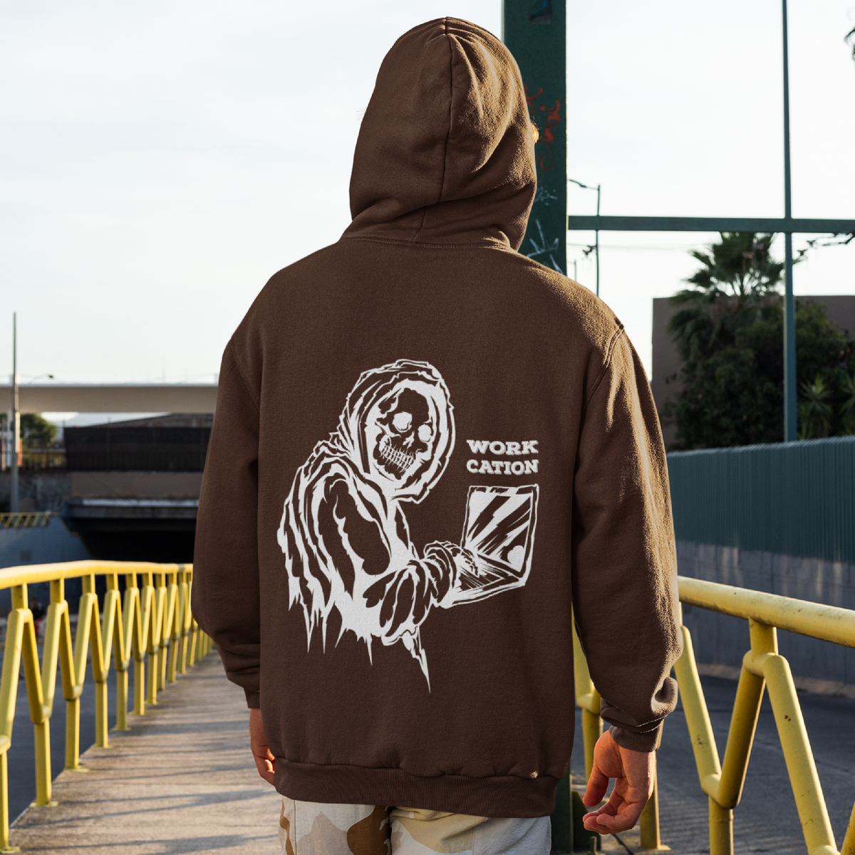 Workcation Brown Hoodie for Men – Trendy Graphic Hoodie – Stay stylish and comfortable with this must-have hoodie.