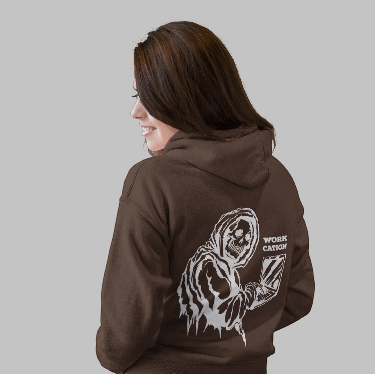 Workcation Oversized Brown Hoodie for Women – A chic and comfortable graphic hoodie for all seasons.