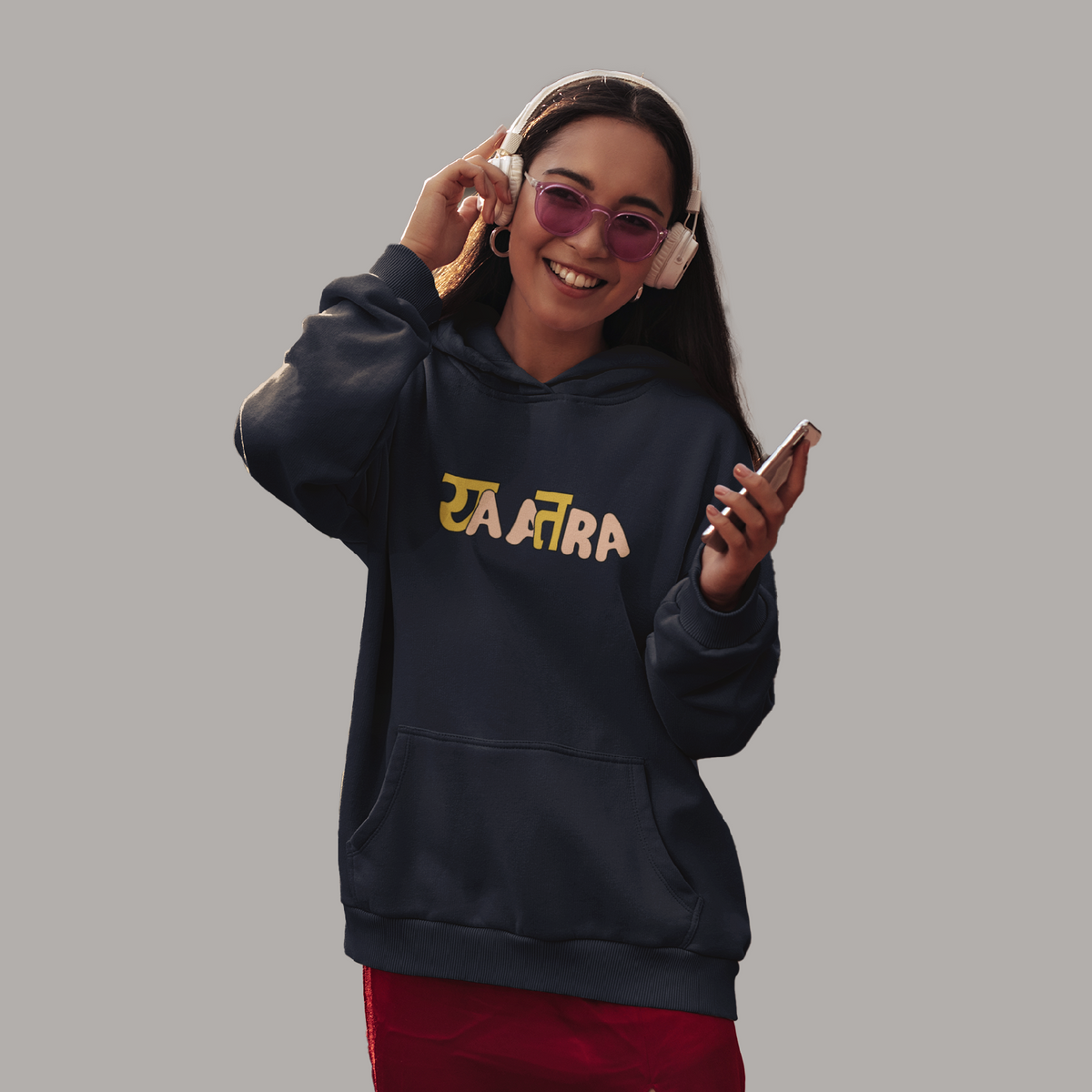 Yatra Women's Dark Blue Oversized Hoodie with Graphic Design and Hood.