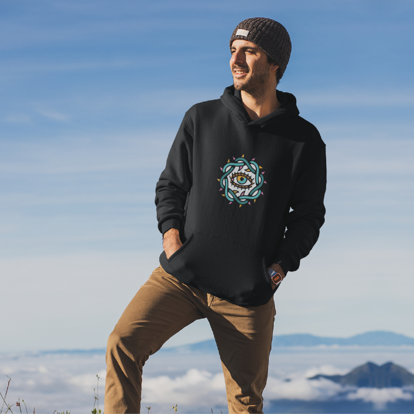 Stay stylish with a black oversized hoodie featuring an Evil Eye print. Perfect for casual wear with a unique and protective design!