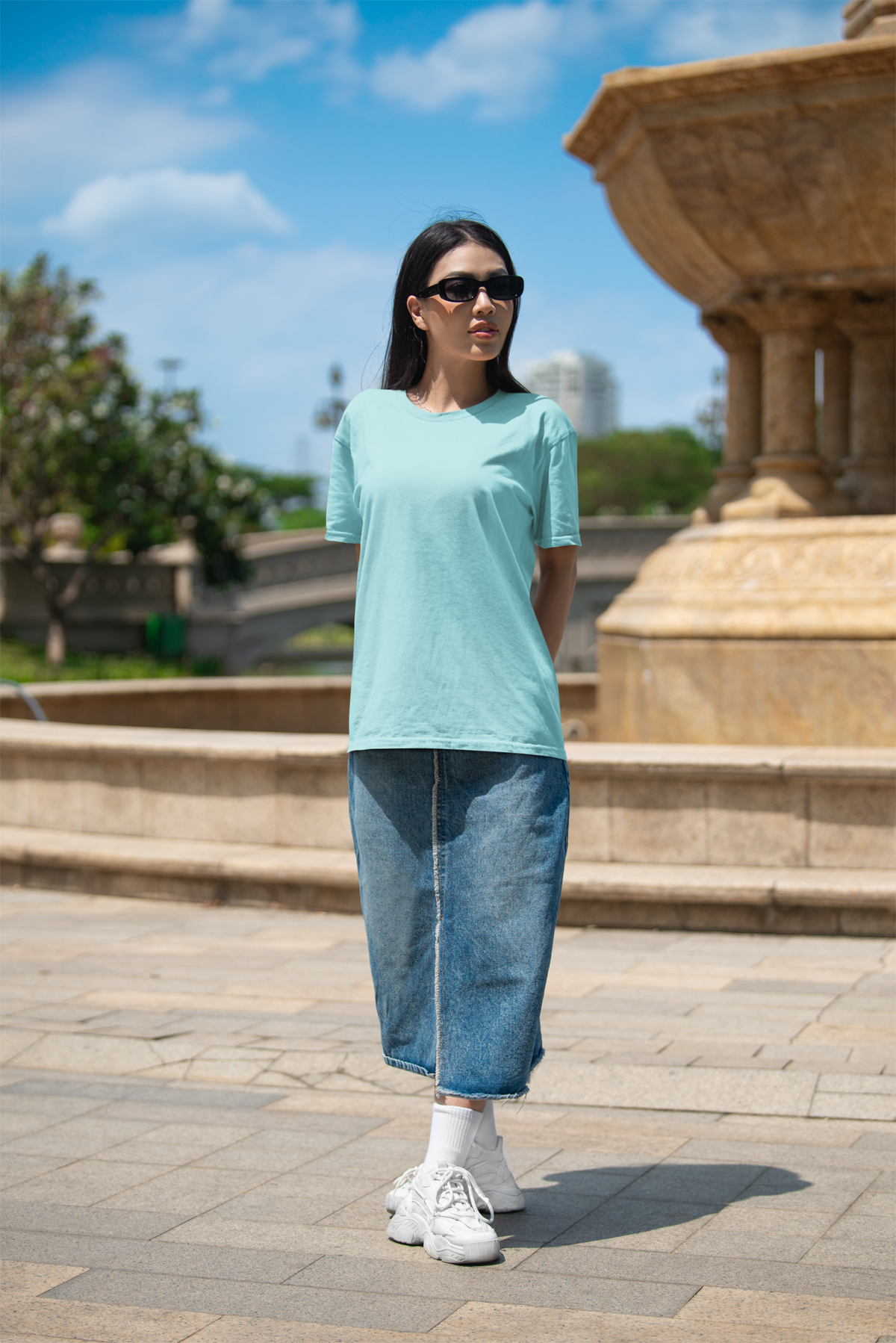 Stay trendy with a cyan oversized t-shirt for women. Simple, stylish, and perfect for a relaxed casual look!