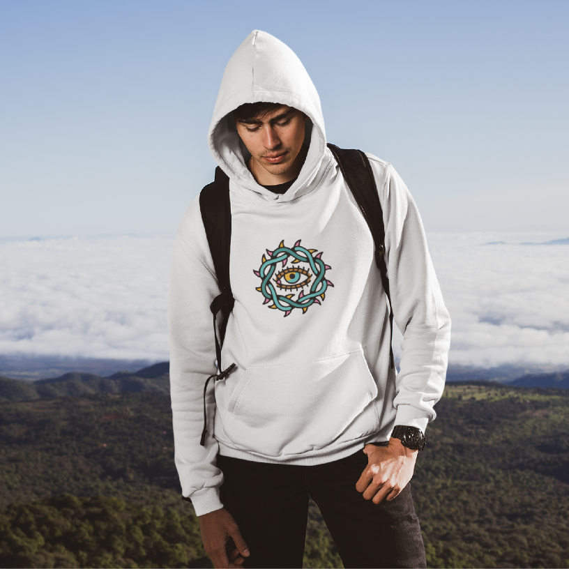 Upgrade your streetwear with a men’s white Evil Eye oversized hoodie. A unique blend of comfort and edgy design!