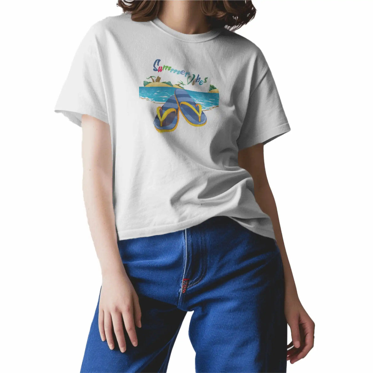 summer Vibes graphic on a white oversized T-shirt with drop shoulders and round collar. Soft cotton fabric. Shop online for summer style
